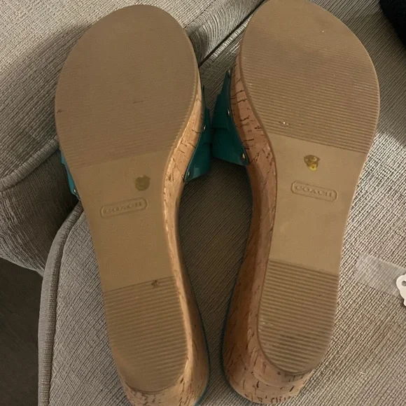 Coach Turquoise Wedge Sandals with Silver Logo - Picture 5 of 6